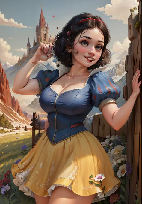 (SnowPrincessw:1), 1girl, smile, :D, sexy, looking at viewer, (dress, puffy short sleeves, skirt:1.2), from below, magic, (sexy ...