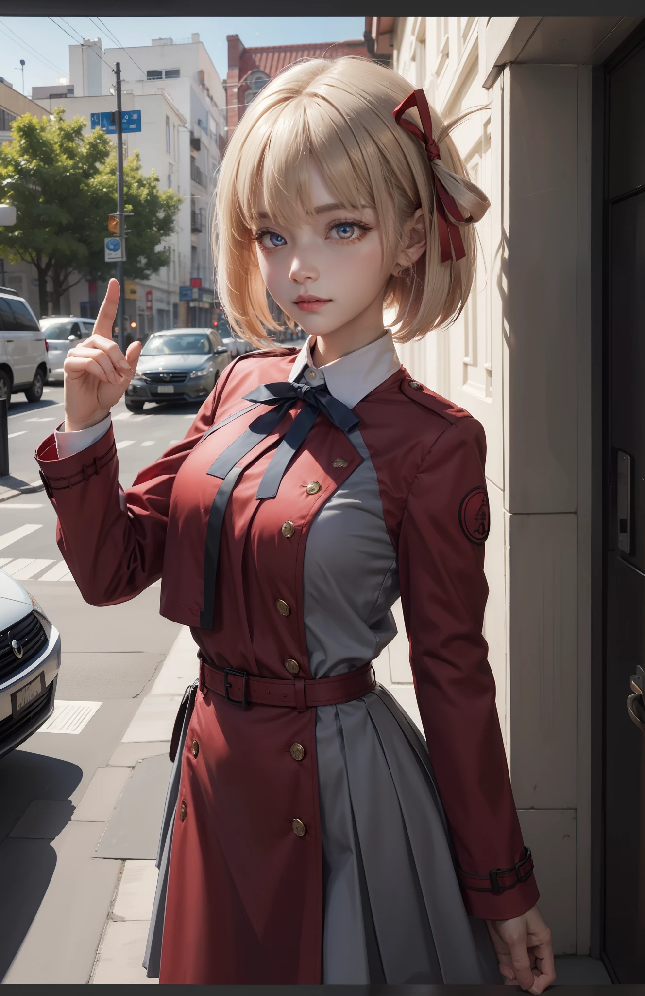 Thousands of miles of brocade, Chisato Nishiki, Short hair, bangs, Blonde hair, (Red eyes:1.5), Hair ribbon, one side up, Bob cut, BREAK  shirt, Long sleeves, dress, ribbon, White shirt, Collared shirt, belt, Neck ribbon, Red dress, Blue ribbon, Pleated dress, grey dress, Two-tone dresses, Red belt, Lycoris Uniform,, BREAK outdoors, City, BREAK looking at viewer, Break (Masterpiece:1.2), Best quality, high resolution, Unity 8k wallpaper, (illustration:0.8), (Beautiful detailed eyes:1.6), Extremely detailed face, Perfect lighting, Extremely detailed CG, (Perfect hands, Perfect anatomy),