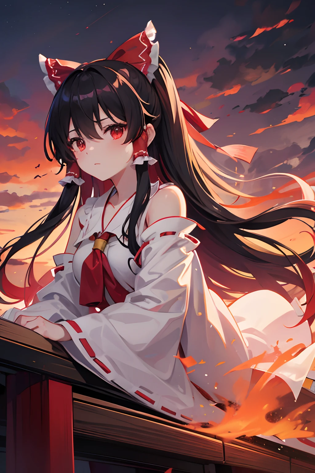 Hakurei Reimu,Abendrot,schwarze Wolken,roter Himmel,nebelig