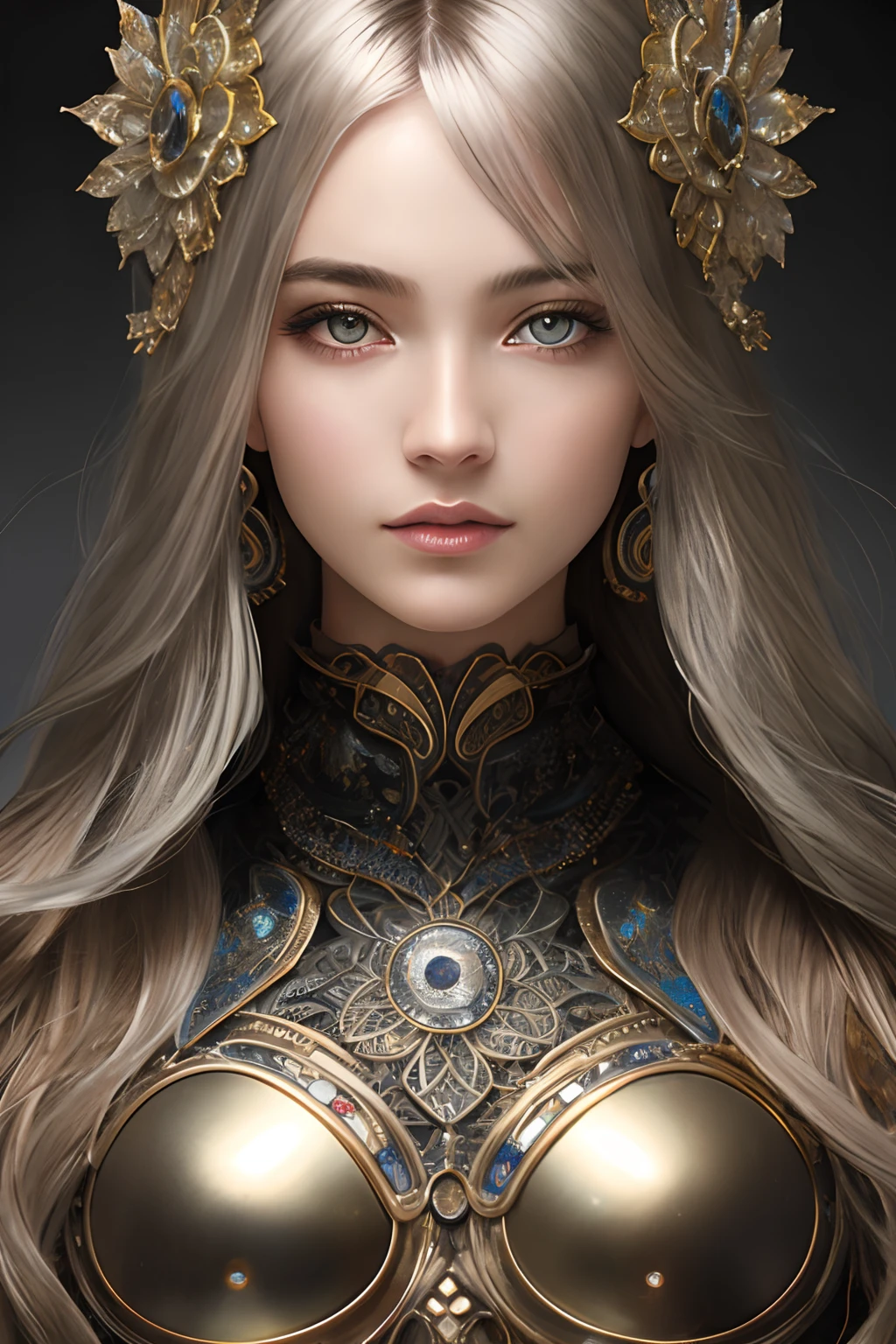 A person, 8k silver hair, messy hair, front view, upper body, portrait of a beautiful cyborg, intricate, elegant, detailed, majestic, digital photography, artgerm and artwork by Ruan Jia and Greg Rutkowski, surreal painting , Filigree, Broken Glass, (Masterpiece, Sidelight, Delicate and Beautiful Brown Eyes: 1.2), HDR, Full Frontal Display