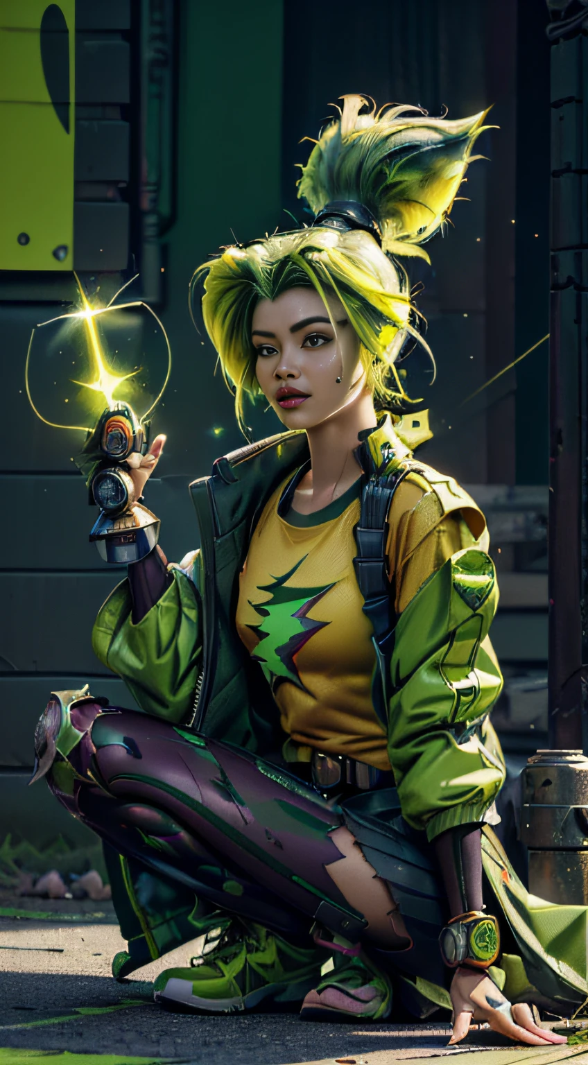 (masterpiece, ultra quality, high resolution, 8k, intricate: 1.2), (zeri, from league of legends:1.6), (wearing Midnight Green colored puffy jacket down her shoulders, low cut jacket, long sleeves jacket:1.2), (green hair, lime green hair:1.4), (full body picture, anatomic, weapon hand sign with lime green sparkles:1.3), (green, sparkle surrounding her body, detailed body, detailed clothes, green sparkles effect around her arms, orange t-shirt, green lightning logo printed in the middle of her t-shirt, wearning rollers:1.2), (beautiful face, detailed face, cross form bandage on her left cheek, lime green eyes:1.2)