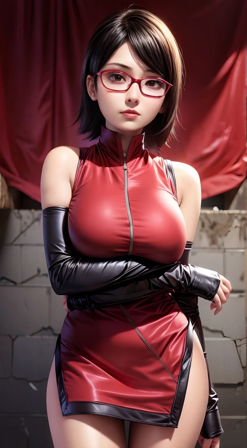 1fille Uchiha Sarada,portant des lunettes rouges,grand , cheveux noirs,noir oui,haute résolution,hyper réaliste, ultra détaillé