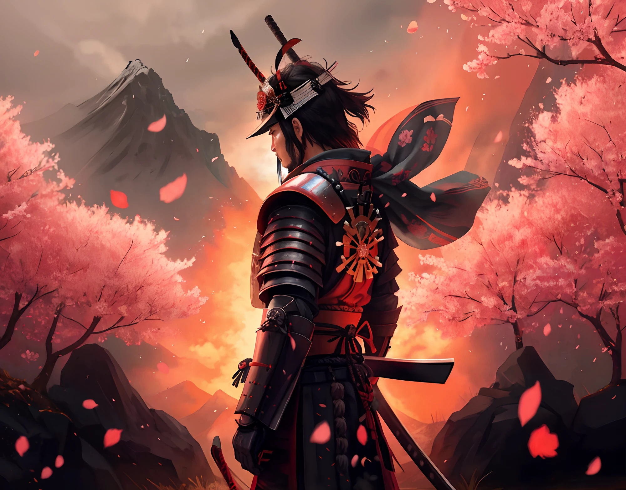 사무라이 in full armor standing in front of a mountain with cherry blossoms, 서사시 사무라이 전사, 사무라이 전사, Retrato 사무라이, Estilo 사무라이, 일본 사무라이, 사무라이처럼, 악마 사무라이 전사, 봉건 일본 미술, 사무라이, 일본 전사, ancient 일본 사무라이, Demon 사무라이, 사무라이 ciborgue, homem 사무라이, 사무라이의 초상화