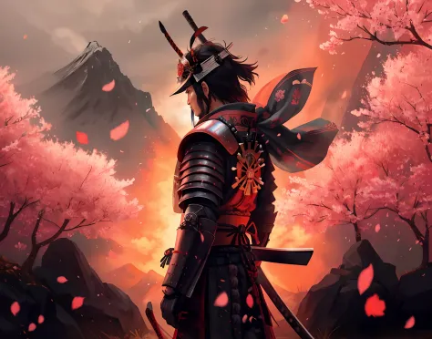 Samurai in full armor standing in front of a mountain with cherry blossoms, epic samurai warrrior, guerreiro samurai, Retrato Sa...