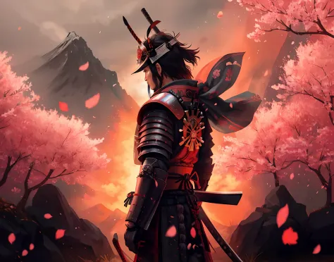 samurai in full armor standing in front of a mountain with cherry blossoms, epic samurai warrrior, guerreiro samurai, retrato sa...