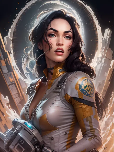 ((best quality)) , ((masterpiece)) , (detailed) ，, portrait, concept art,close up of a [Soft|Gigantic] Impeccable light-weight South African (Megan Fox:1.3) driving a Falcon Heavy, Two-Tone hair, Deafening Large Head, Halloween Face Paint, Cream grass, Cle...