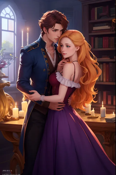 16k photo a couple of people in a room with candles and a book shelf,, romance novel cover, edmund blair and charlie bowater, ch...