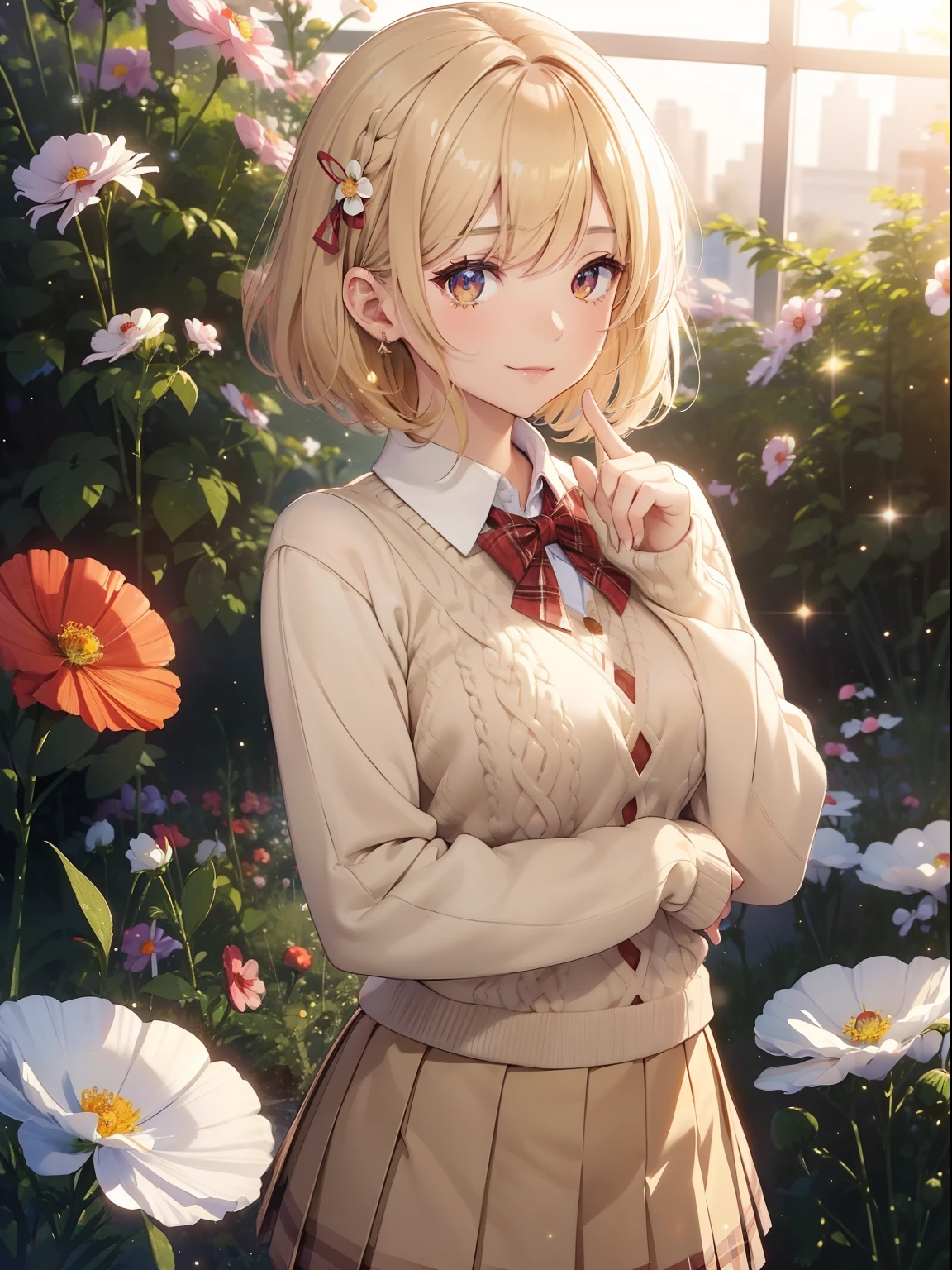 masutepiece, High resolution, 8k, anime woman, Delicate and detailed writing 、Detailed digital illustration、Short hair、perm、Shiny hair、bangs、a very beautiful woman、Eyes are double, Large, Bust is D cup、High image quality, High quality、Detailed background、The inside of the eye shines like a diamond、Light yellow hair、Gradient pupil、(((2 arms、4 fingers, 1 thumb)))、Detailed female face、Very beautiful and cute woman、、Detailed background、​masterpiece、Soft Focus , Bright gradient watercolor , Lens Flare , (((glitter))) , Glow , Dreamy , Yellow Ribbon、Very beautiful yellow rose hair accessories、((Straight at the angle of the front))、(School Uniforms:1.2), (wearing a beige knitted sweater over a white shirt,,,:1.3), (Plaid pleated skirt:1.3),(((Cosmos Garden)))、Full smile