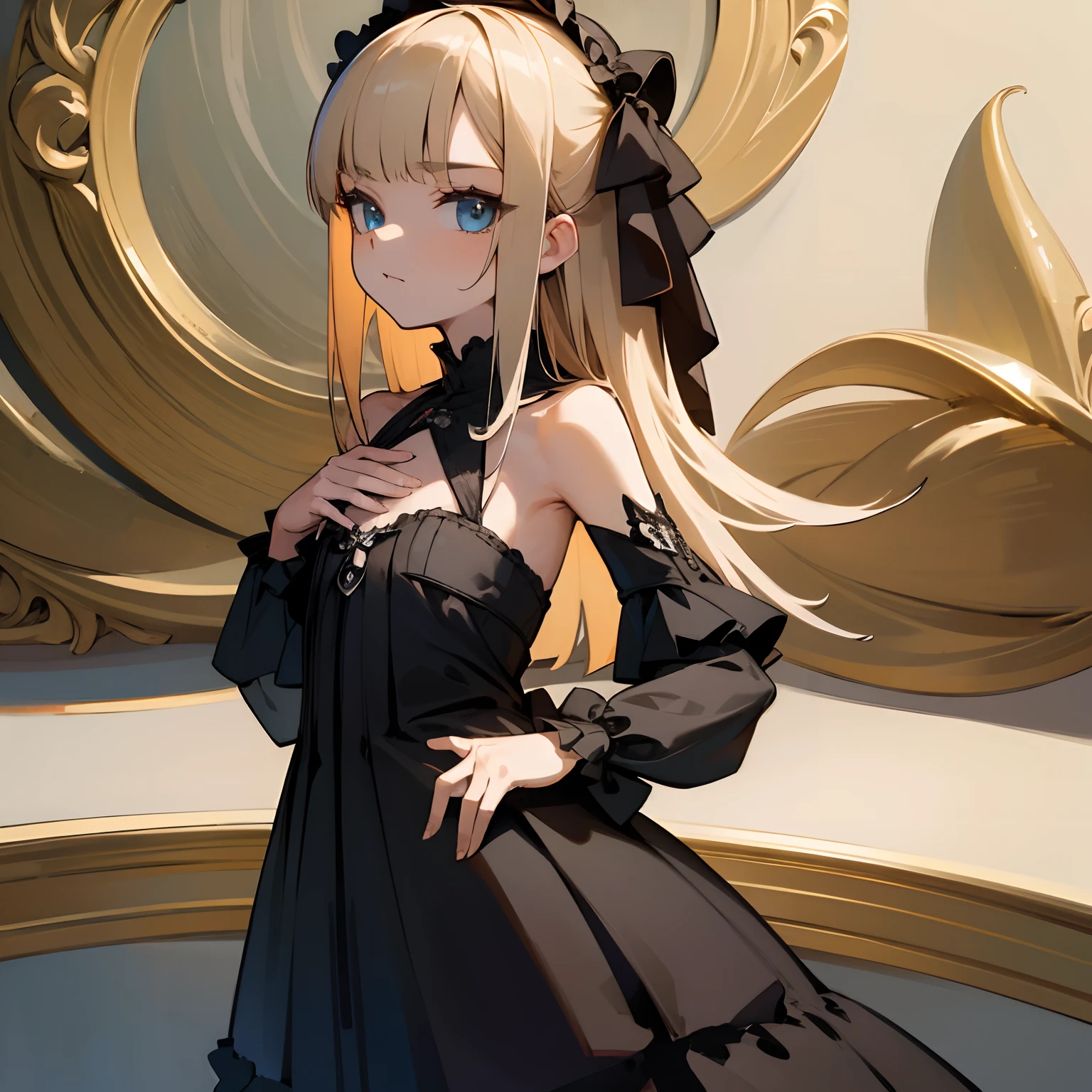 Reines, 1girl, high quality, best quality, illustration, masterpiece, (highly detailed:1.2), (extremely detailed:1.3), flat chest, bare shoulders, gothic lolita, young girl, dress, looking at viewers, loli