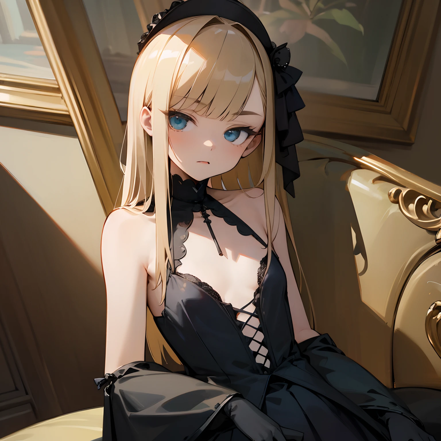 Reines, 1girl, high quality, best quality, illustration, masterpiece, (highly detailed:1.2), (extremely detailed:1.3), flat chest, bare shoulders, gothic lolita, young girl, dress, looking at viewers, loli