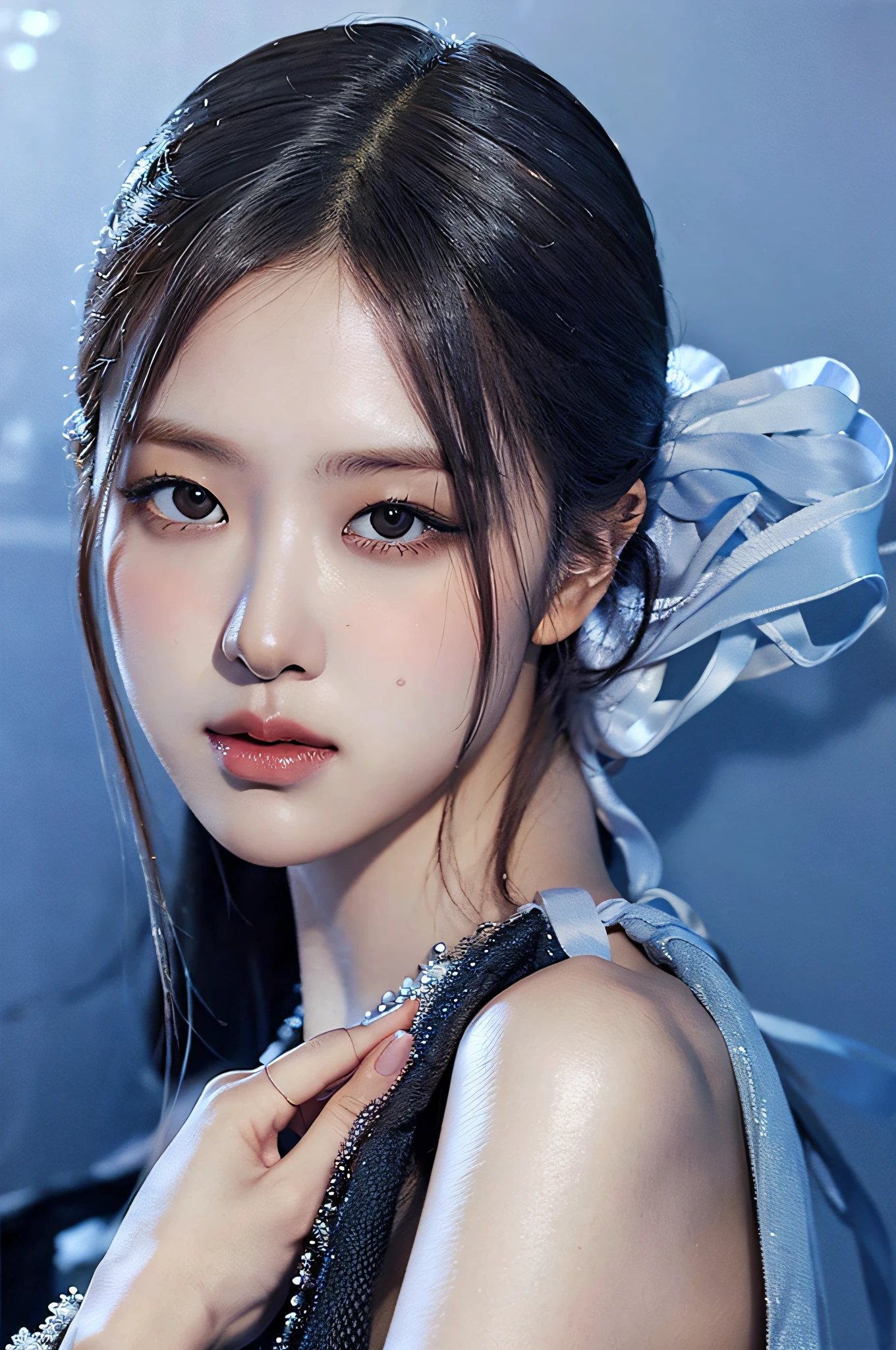 Best Quality, Masterpiece, Ultra High Resolution, (Realistic: 1.4), Original Photo, Official Art, Wallpaper, Bust Photo, Solo, Skin, Black Eyes, Detail, 1 Girl, Beautiful Facial Features, Breeze, Photography, Happy, (Pure blue background), Studio light, Make up Portrait,