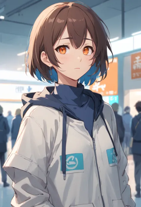1girl, absurdres, bandaged_neck, Bandage, black_hoodie, black_mask, blue_archive, brown_hair, closed_mouth, collarbone, earrings, empty_eyes, halo, highres, hood, hood_down, hoodie, jacket, jacket_over_hoodie, jewelry, long_sleeves, looking_at_viewer, mask...