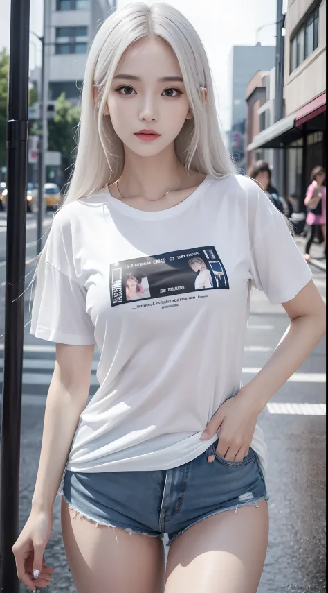 It was raining heavily, Best quality, 4K, 8K, Detailed faces, Beauty girl, Korean makeup,  Kaihuai, Perfect body, Medium breasts, upper legs, Platinum hair, Girl in long t-shirt, T-shirts only, and thigh T-shirts, thin tshirt, T-shirt underwear, streetview...