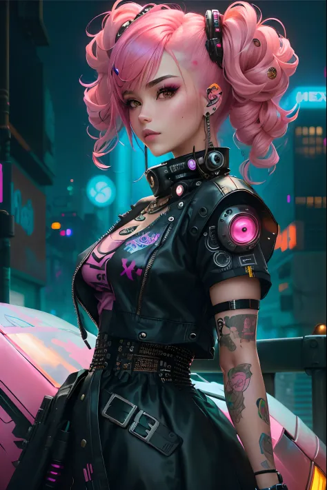 Un primer plano de una mujer con el pelo rosa y una peluca rosa, Obras de arte al estilo de Guweiz, dreamy cyberpunk girl, Estil...