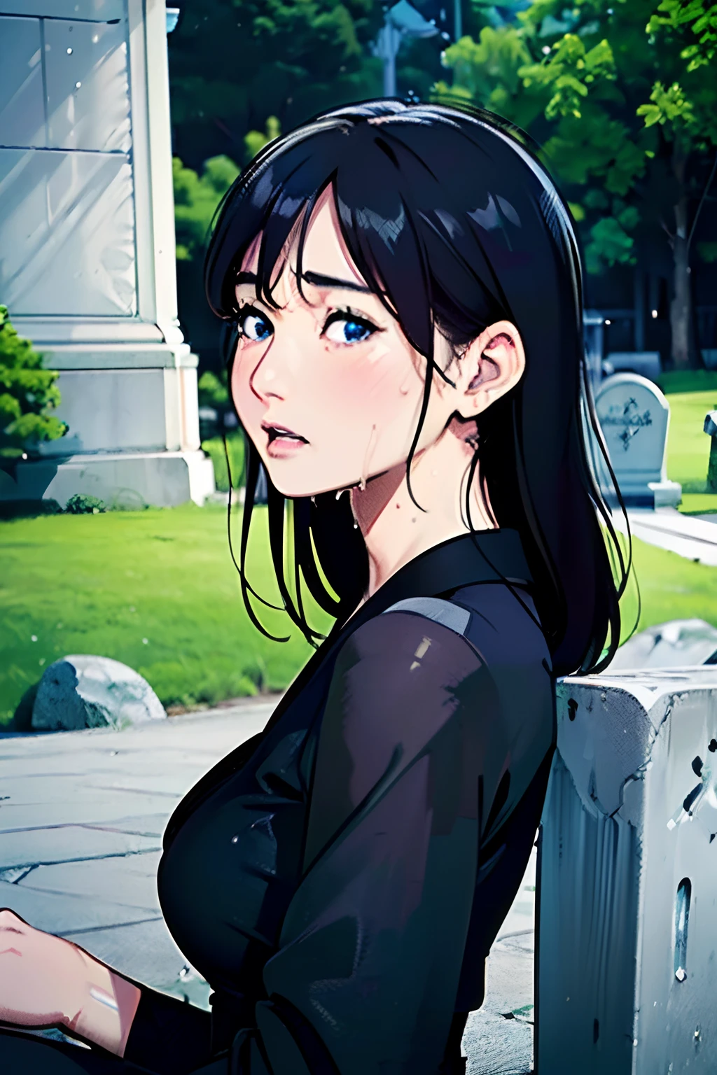 "(best quality, highres, realistic:1.37), beautiful young Japanese woman with sad blue eyes, detailed wet cheeks, medium breasts, wearing a black dress, sitting next to a headstone engraved with her boyfriend's name, full body, emotional portrait, soft lighting, realistic textures, vibrant colors" full body