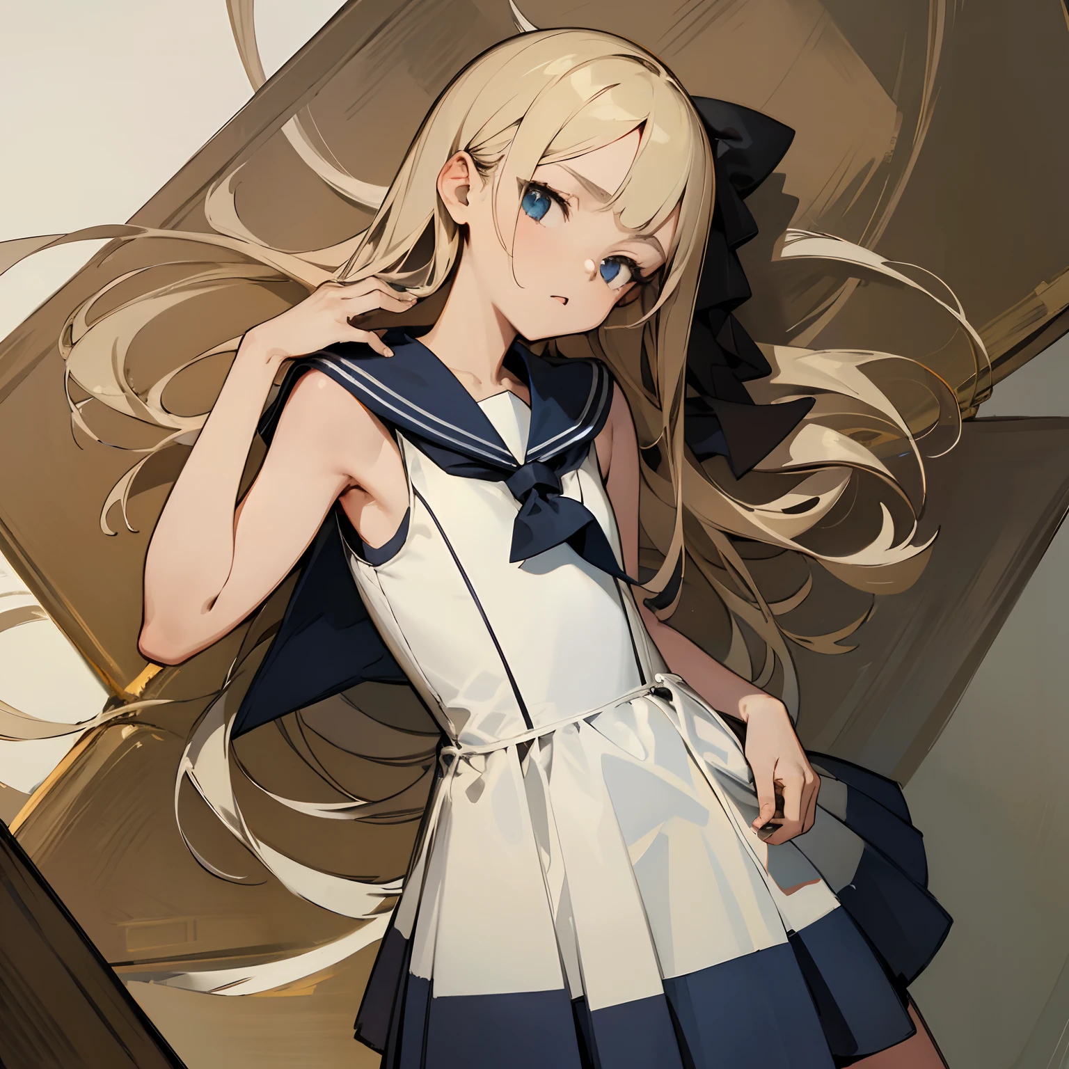 Reines, 1girl, high quality, best quality, illustration, masterpiece, (highly detailed:1.2), (extremely detailed:1.3), flat chest, bare shoulders, young girl, sailor uniform, summer, sleeveless, sailor dress, loli