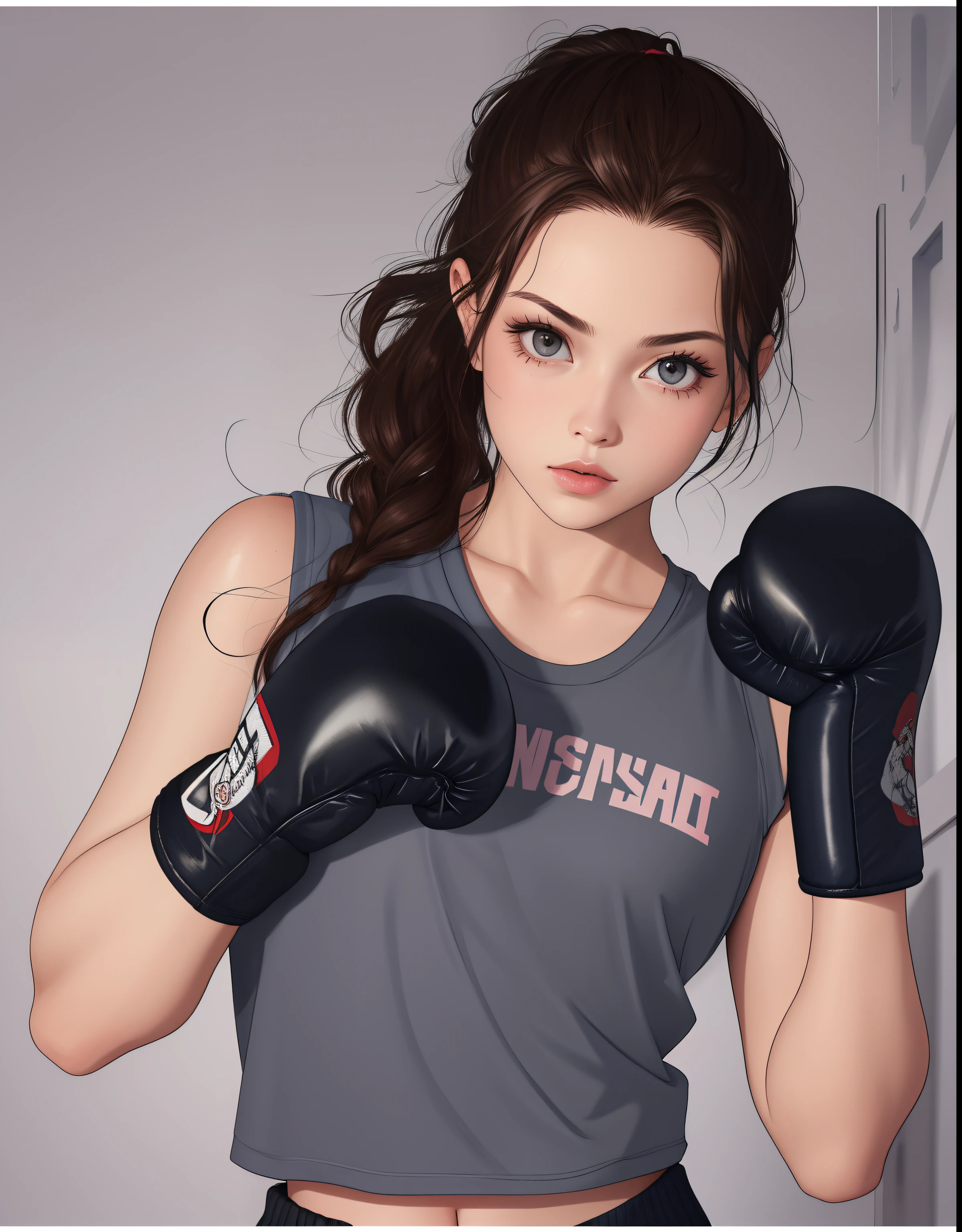 Mujer con camisa gris y guantes de boxeo negros, Retrato Sophie Mudd, Guantes de boxeo, Dasha Taran, Julia Gorokhova, Olga Buzova, Alina Ivanchenko, Posar listo para una pelea, Anna Nikonova, sofya emelenko, Postura de boxeo, Anna Nikolanova aka Newmilky, Viktoria Gavrilenko