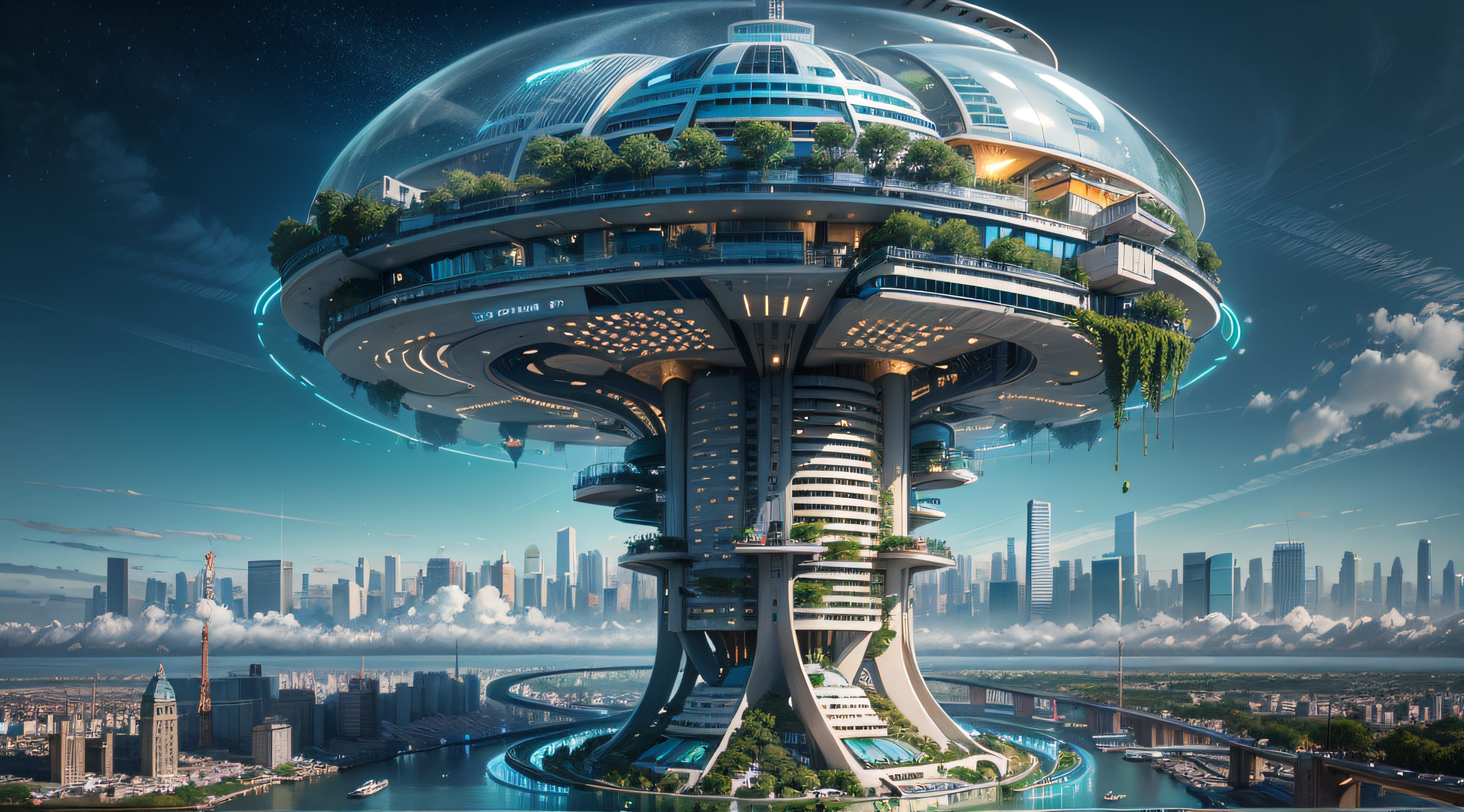 (Best quality,4K,8K,A high resolution,Masterpiece:1.2),Ultra-detailed,(Realistic,Photorealistic,photo-realistic:1.37),Futuristic floating city,Futuristic technology,Huge urban high-tech tablet platform,Airship,Floating in the sky,Futuristic city,Small airships around,High-tech hemispherical platform,Colorful lights,Advanced architecture,modernn architecture,skyscrapper,Access the cloud,Scenic beauty,view over city,Impressive design,Blend seamlessly with nature,energetic and vibrant atmosphere,Futuristic transportation system,Parking is suspended,Transparent path,Lush greenery,Sky gardens,cascading waterfalls,Magnificent skyline,reflections on the water,Sparkling river,Architectural innovation,futuristic skyscrapers,Transparent dome,The shape of the building is unusual,Elevated walkway,Impressive skyline,Glowing lights,Futuristic technology,Minimalist design,Scenic spots,Panoramic view,Cloud Piercing Tower,Vibrant colors,epic sunrise,epic sunset,Dazzling light display,magical ambiance,The future city,Urban Utopia,LuxuryLifestyle,Innovative energy,sustainable development,Smart city technology,Advanced infrastructure,Tranquil atmosphere,Nature and technology live in harmony,Awesome cityscape,Unprecedented urban planning,Architecture connects seamlessly with nature,High-tech metropolis,A cutting-edge engineering marvel,The future of urban living,Visionary architectural concept,Energy-efficient buildings,Harmony with the environment,A city floating above the clouds,Utopian dreams become reality,The possibilities are endless,State-of-the-art transportation network,Green energy integration,Innovative materials,Impressive holographic display,Advanced communication system,Breathtaking aerial view,Quiet and peaceful environment,Modernist aesthetics,Ethereal beauty