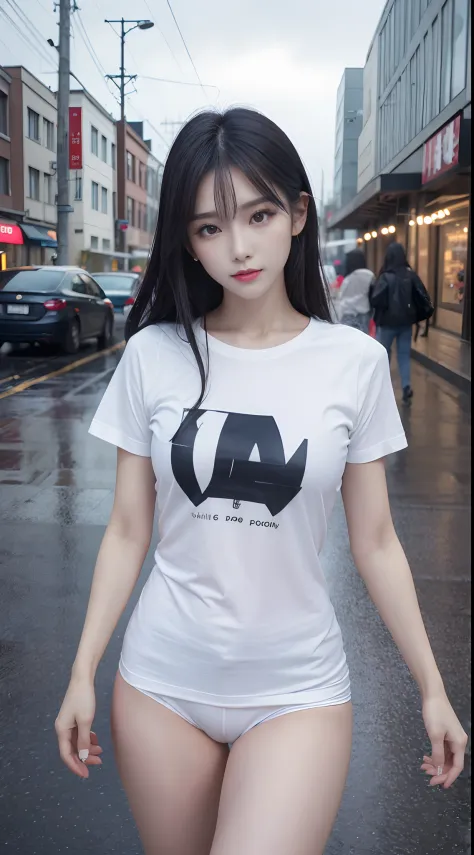 It was raining heavily, Best quality, 4K, 8K, Detailed faces, Beauty girl, Korean makeup,  Kaihuai, Perfect body, Medium breasts, upper legs, Platinum hair, Girl in long t-shirt, T-shirts only, and thigh T-shirts, thin tshirt, T-shirt underwear, streetview...