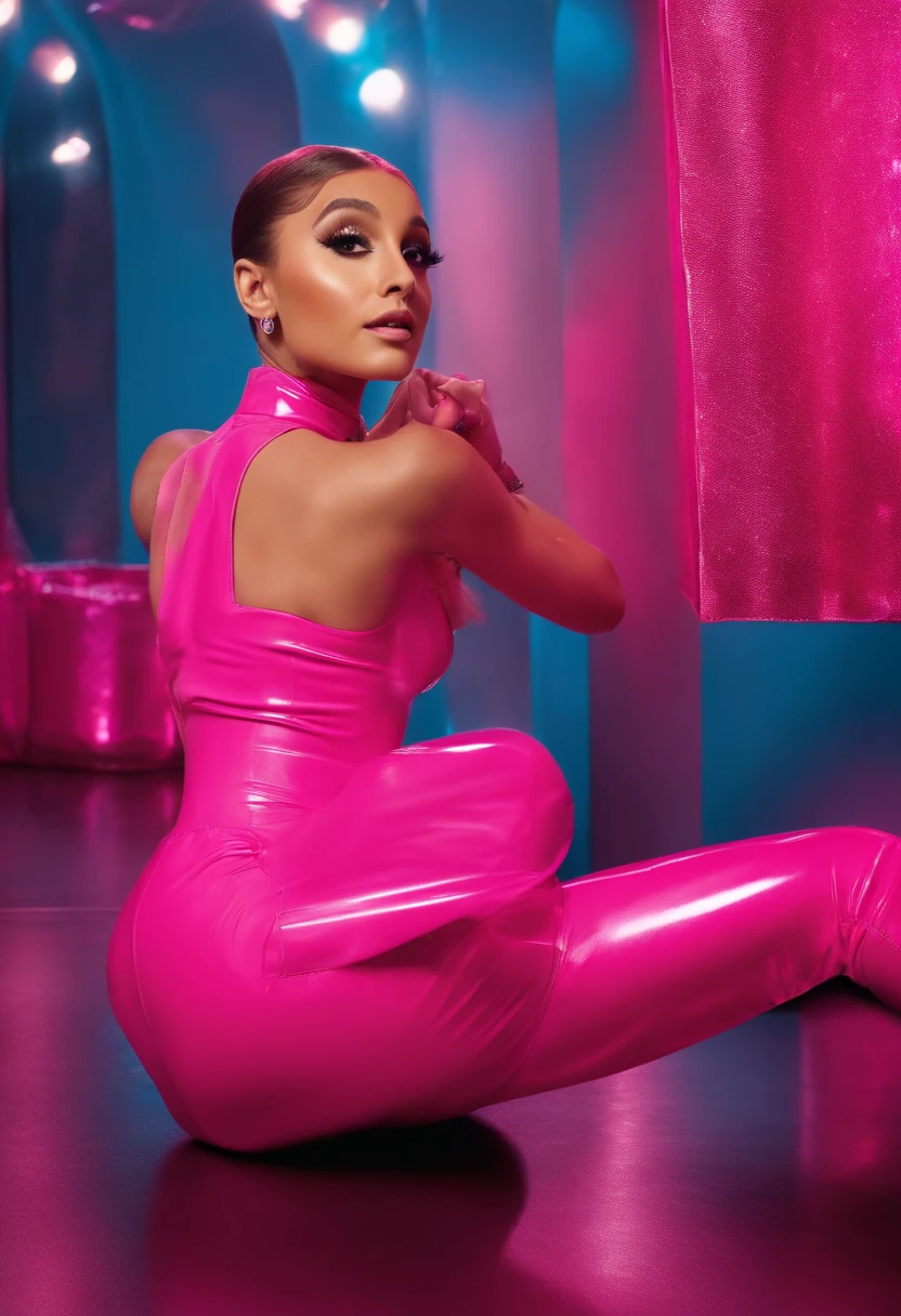 A woman in a pink latex outfit sitting on the floor - SeaArt AI