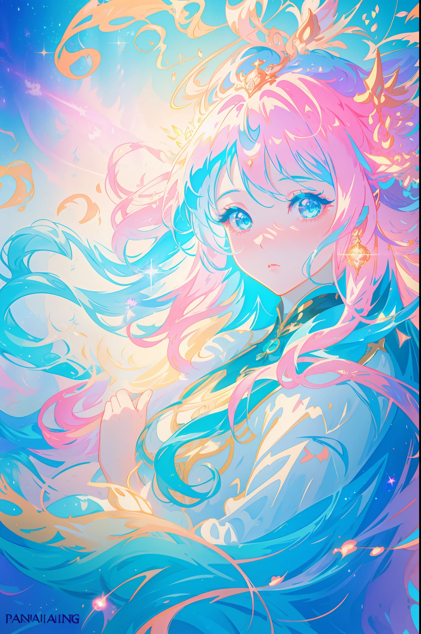 beautiful anime girl in long sleeve princess ballgown made of liquid, vibrant pastel colors, (colorful), glowing golden long hair, magical lights, sparkling liquid light, inspired by Glen Keane, inspired by Lois van Baarle, disney art style, by Lois van Baarle, glowing aura around her, by Glen Keane, jen bartel, glowing lights! digital painting, flowing glowing hair, glowing flowing hair, beautiful digital illustration, fantasia background, whimsical, magical, fantasy, ((beautiful face)), ((masterpiece, best quality)), intricate details, highly detailed, sharp focus, 8k resolution, sparkling detailed eyes, liquid watercolor