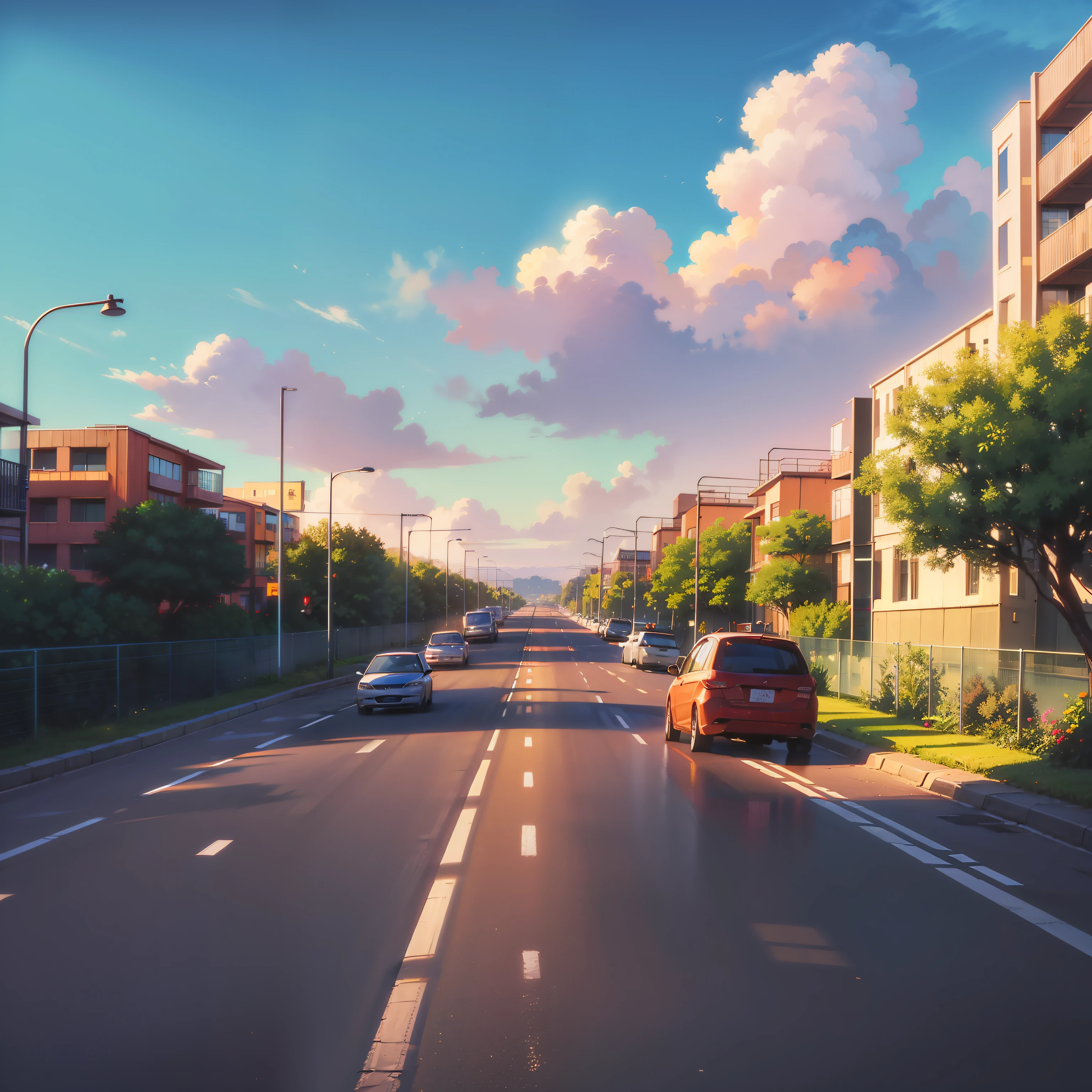 Arte estilo de anime, ((artistic work)), anime diner, background scene, a highway with pontillon, cenario urbano, highway outside the city, city in the background with large buildings, beautiful scenery in the late afternoon, urban highway, background scene para anime, (((Arte estilo de anime))), ((angle of view height from the ground))