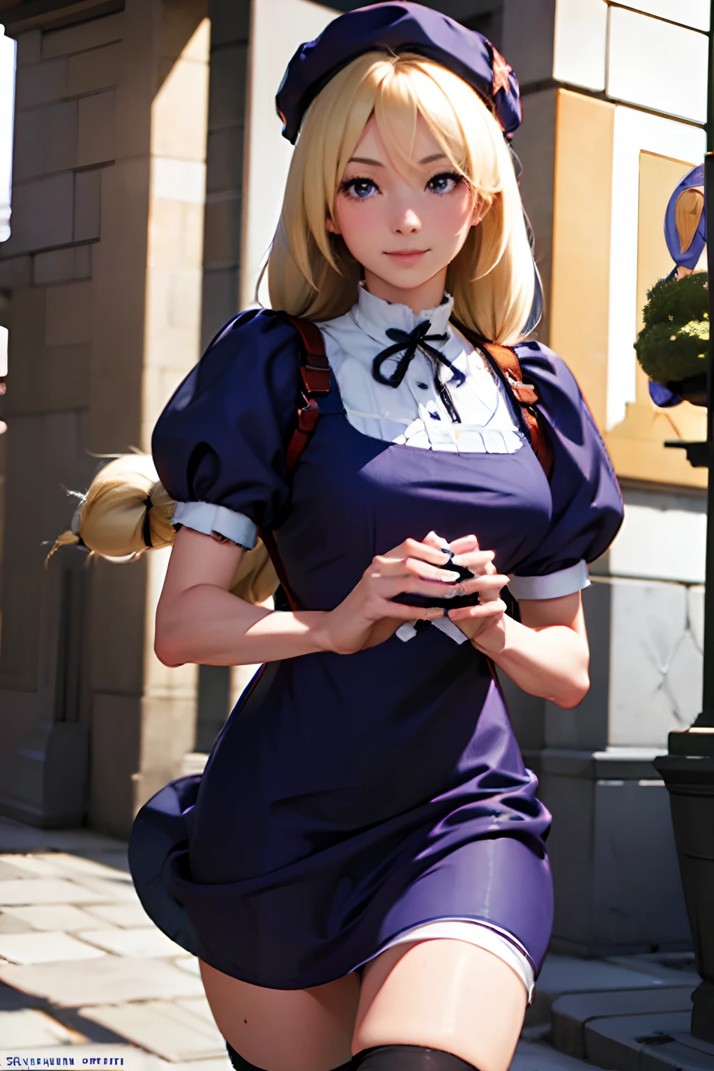 realistic photo of a young woman, 1girl, ((Russian)), (HinakoMS:1.4), hat, blue eyes, short dress, beret, bandages, (brown backpack) , ribbon, knee pads, short sleeves, (RAW photo, best quality), (realistic, photo-realistic:1.3), masterpiece, and (extremely delicate and beautiful), extremely detailed, CG, unity , 2k wallpaper, Amazing, finely detail, light smile, extremely detailed CG unity 8k wallpaper, huge filesize, ultra-detailed, highres, absurdres.