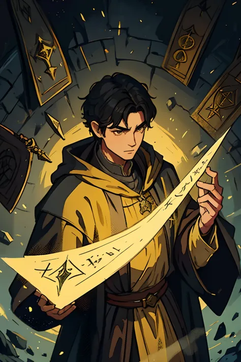 a man with short black hair he is a wizard wearing yellow medieval wizard robes a wizard for a medieval rpg rpg rpg illustration...