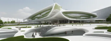 A cultural complex with glasses materials, white colors and greener