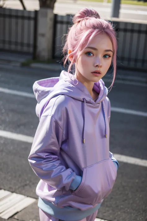 masterpiece, photorealistic, detailed Blue eyes, small nose, pink hair, 2 buns, plain purple hooded sweats, standing, innocent, ...