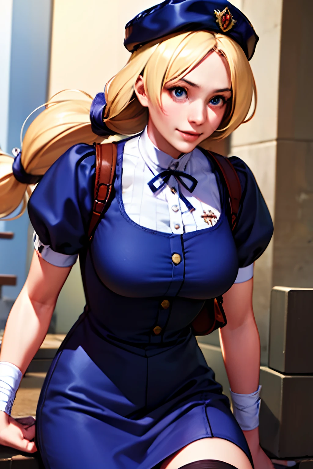 realistic photo of a young woman, 1girl, ((Russian)), (HinakoMS:1.4), hat, blue eyes, short dress, beret, bandages, (brown backpack) , ribbon, knee pads, short sleeves, (RAW photo, best quality), (realistic, photo-realistic:1.3), masterpiece, and (extremely delicate and beautiful), extremely detailed, CG, unity , 2k wallpaper, Amazing, finely detail, light smile, extremely detailed CG unity 8k wallpaper, huge filesize, ultra-detailed, highres, absurdres.