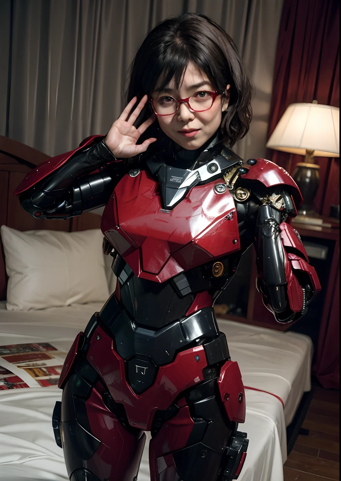 Sober middle-aged woman、Textured skin, Black tabby glasses、Super Detail, high details, High quality, Best Quality, hight resolution, 1080p, hard disk, Beautiful,(Gundam),beautiful cyborg woman,Mecha Cyborg Girl Only Red and Black,Battle Mode,Girl with a Mecha Body,She wears a futuristic Gundam mecha,Fulll body Shot、cute little、Sweaty face、Painful look、Appearance damage、、a sultry、sodden、placement、Raise both hands、Water leaks from the crotch、lyin in bed