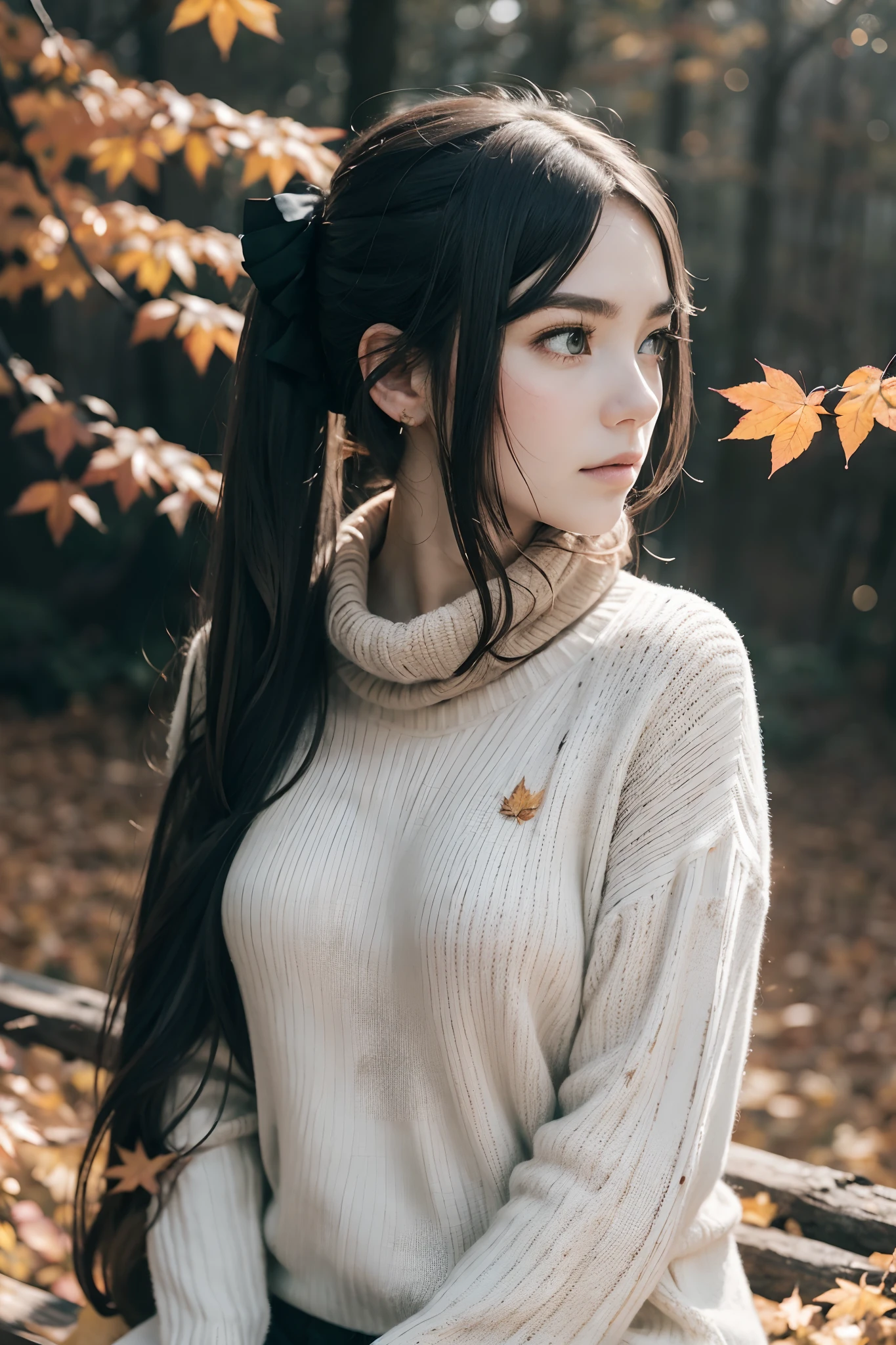 (masutepiece), Best Quality, Ultra-detailed, illustartion, warm lighting, soft-lighting, Bright colors, 1 girl, 独奏,( handsome girl, Long hair, blue eyes, bow ribbon, brown hair, Hair between the eyes, hair ribbon, side locks, extra very long hair, Her hair is disheveled,) , autumn, Lots of maples, Maple leaves, Golden Leaves, Colored leaves, Dry leaves, rivers,  Refreshing air,  peace, Cool breeze , Weather in a sweater,( Wear a white or brown sweater, red scarf, Gloomy Autumn, wistful, macabre, Sad ,concerned, longing,)