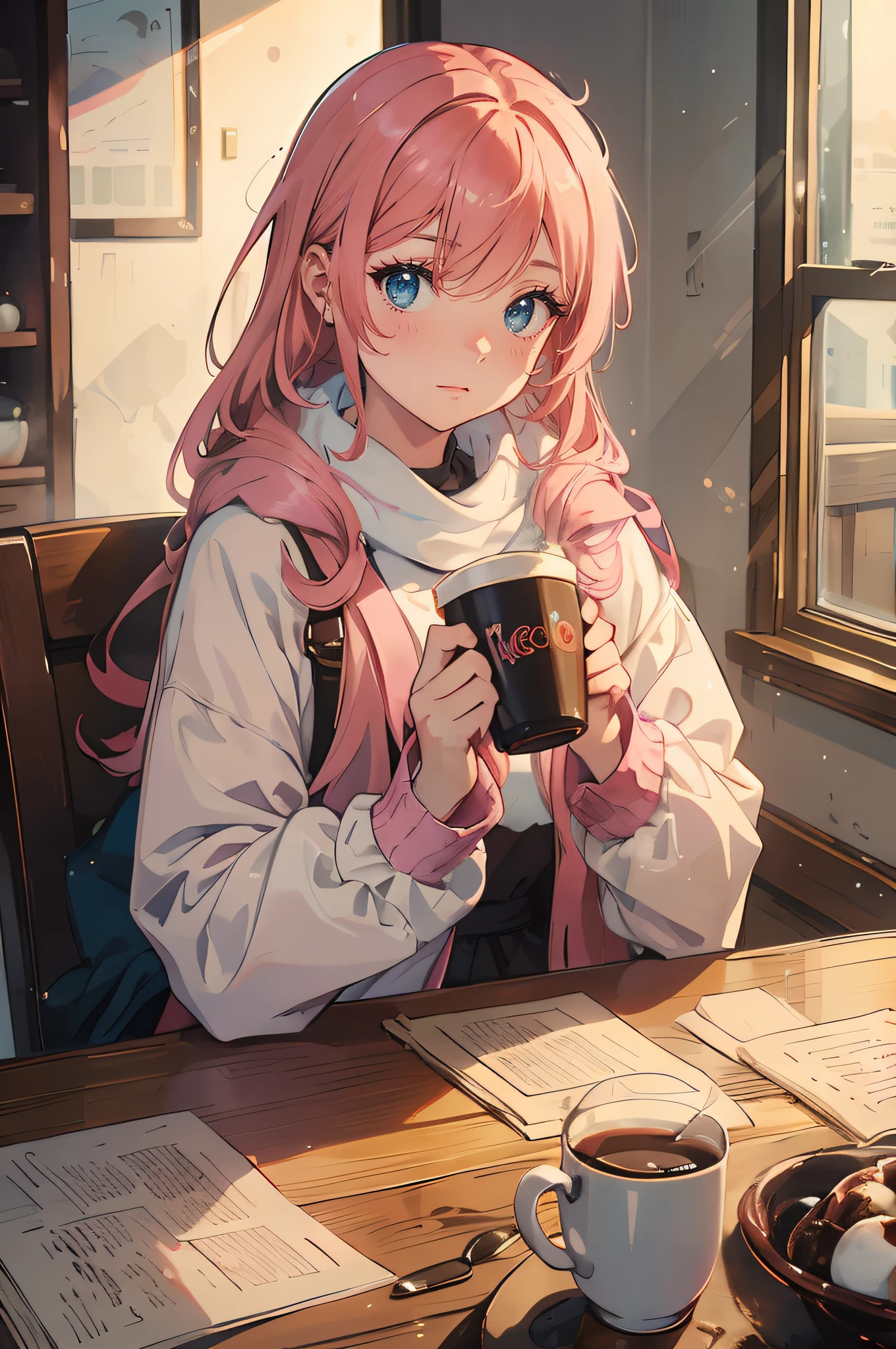 Anime girl with pink hair sitting at a table with a cup of coffee - SeaArt  AI