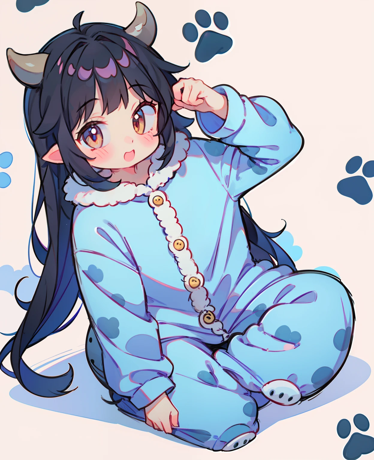 Chica anime en pijama con cuernos y patas en la cabeza. - SeaArt AI