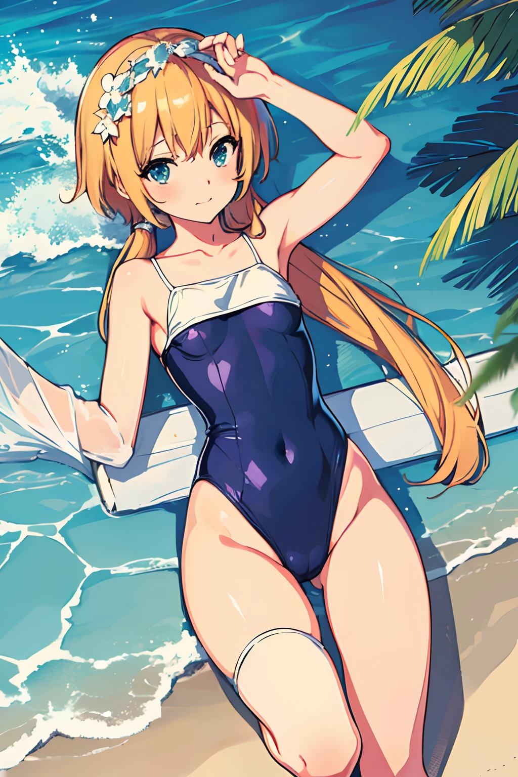 Anime girl in a swimsuit on the beach with a surfboard - SeaArt AI