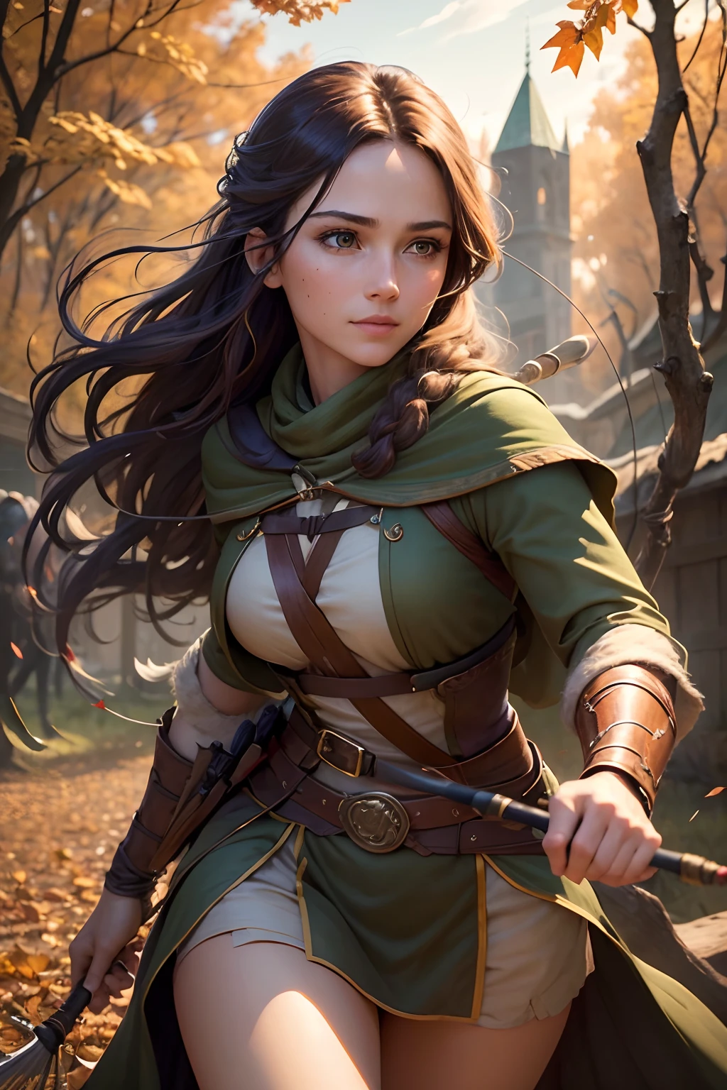 (best quality,4k,8k,highres,masterpiece:1.2),ultra-detailed,(realistic,photorealistic,photo-realistic:1.37),female Robin Hood,classic painting,forest setting,heroic gesture,archery,green tunic,mysterious atmosphere,detailed face expression,strong-willed protagonist,deep gaze,wooden bow and arrow,thick forest trees,sun rays piercing through leaves,beautiful lighting,action scene,hunting wild game,intricate braided hair,confident posture,smoke rising from arrows hitting targets,feminine yet powerful,adventurous spirit,dusk sky with colorful hues,lush greenery,medieval surroundings,elegant silhouette,sense of justice,robin redbreast perched on a branch,calm and determined,rooftops in the background,humming sound of a bowstring,stealth and agility,mischievous smile,colorful autumn leaves falling,arrow hitting bullseye,magical dust particles,soft glow on skin.