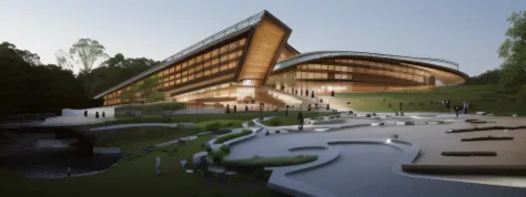 A cultural complex architecture with a sloping roof, with glass, wood, and greenery