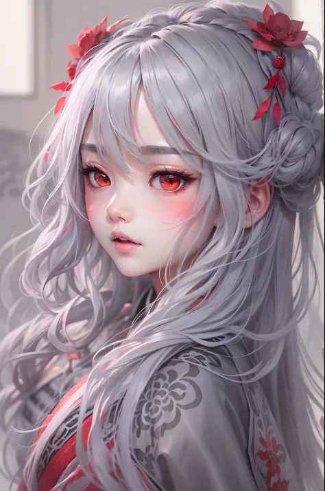 tmasterpiece，Need，超高分辨率，teens girl，Chinese ancient style，(Long silver-gray hair)，red color eyes，feater，fenghuang，Clouds，rays of sunshine，Kamimei