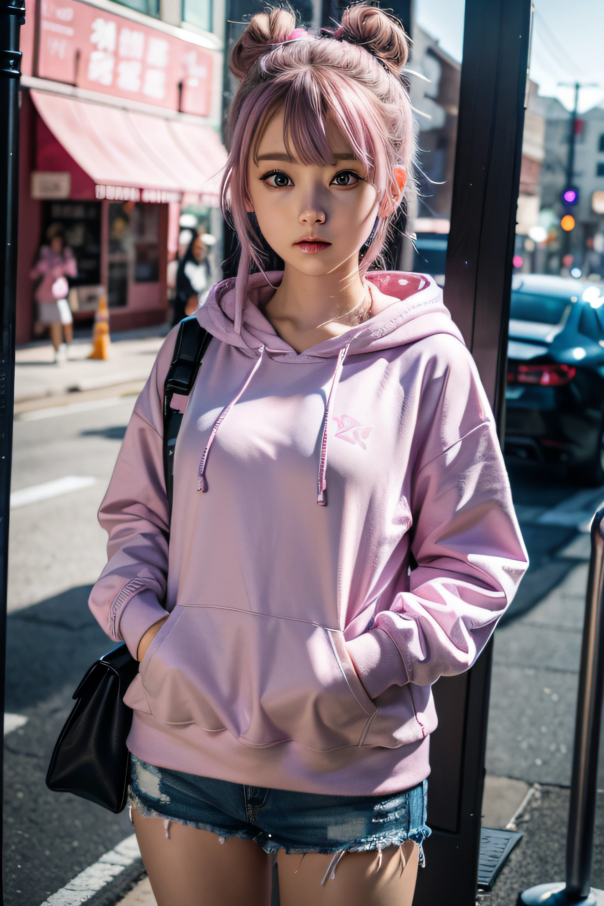 Blue eyes, anime girl in a pink hoodie , cyberpunk anime girl in hoodie, young anime girl, an anime girl, anime visual of a cute girl, in a hoodie, wearing a pastel pink hoodie, anime girl, cute anime girl, made with anime painter studio, painted in anime painter studio, detailed blue eyes, purple hair, 2 buns