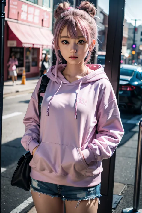 Blue eyes, anime girl in a pink hoodie , cyberpunk anime girl in hoodie, young anime girl, an anime girl, anime visual of a cute...