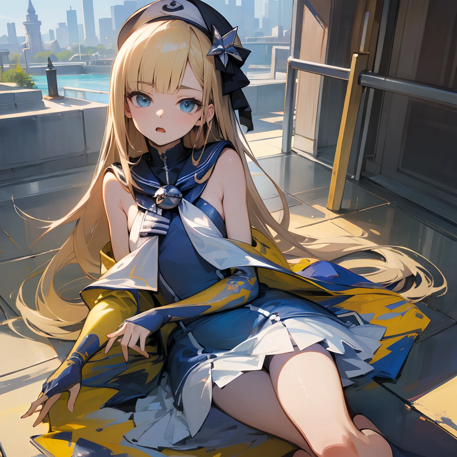 Reines, 1girl, high quality, best quality, illustration, masterpiece, (highly detailed:1.2), (extremely detailed:1.3), flat chest, bare shoulders, young girl, sailor uniform, summer, sleeveless, sailor dress, loli