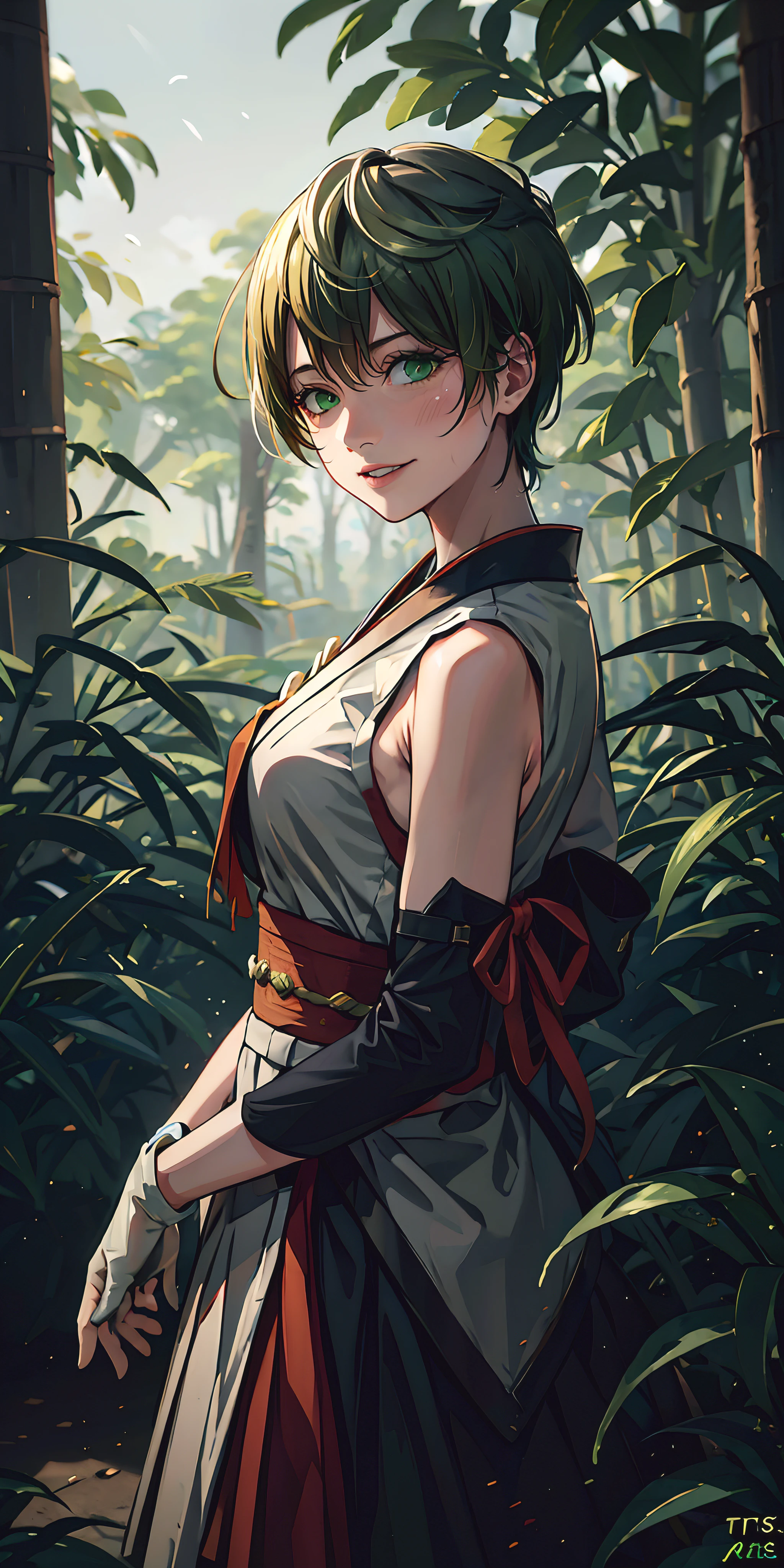 tenka izumo, (short hair, green hair:1.6), green eyes, multicolored hair, sweating, gloves, japanese_clothes,  1girl, kimono, solo, bamboo_forest, bamboo, hakama, wide_sleeves, nature, black_gloves, forest, looking_at_viewer, standing, glow effects, godrays, Hand drawn, render, 8k, octane render, cinema 4d, blender, dark, atmospheric 4k ultra detailed, cinematic, Sharp focus, big depth of field, Masterpiece, colors, 3d octane render, 4k, concept art, trending on artstation, hyperrealistic, Vivid colors, extremely detailed CG unity 8k wallpaper, trending on CGSociety, Intricate, High Detail, dramatic"",