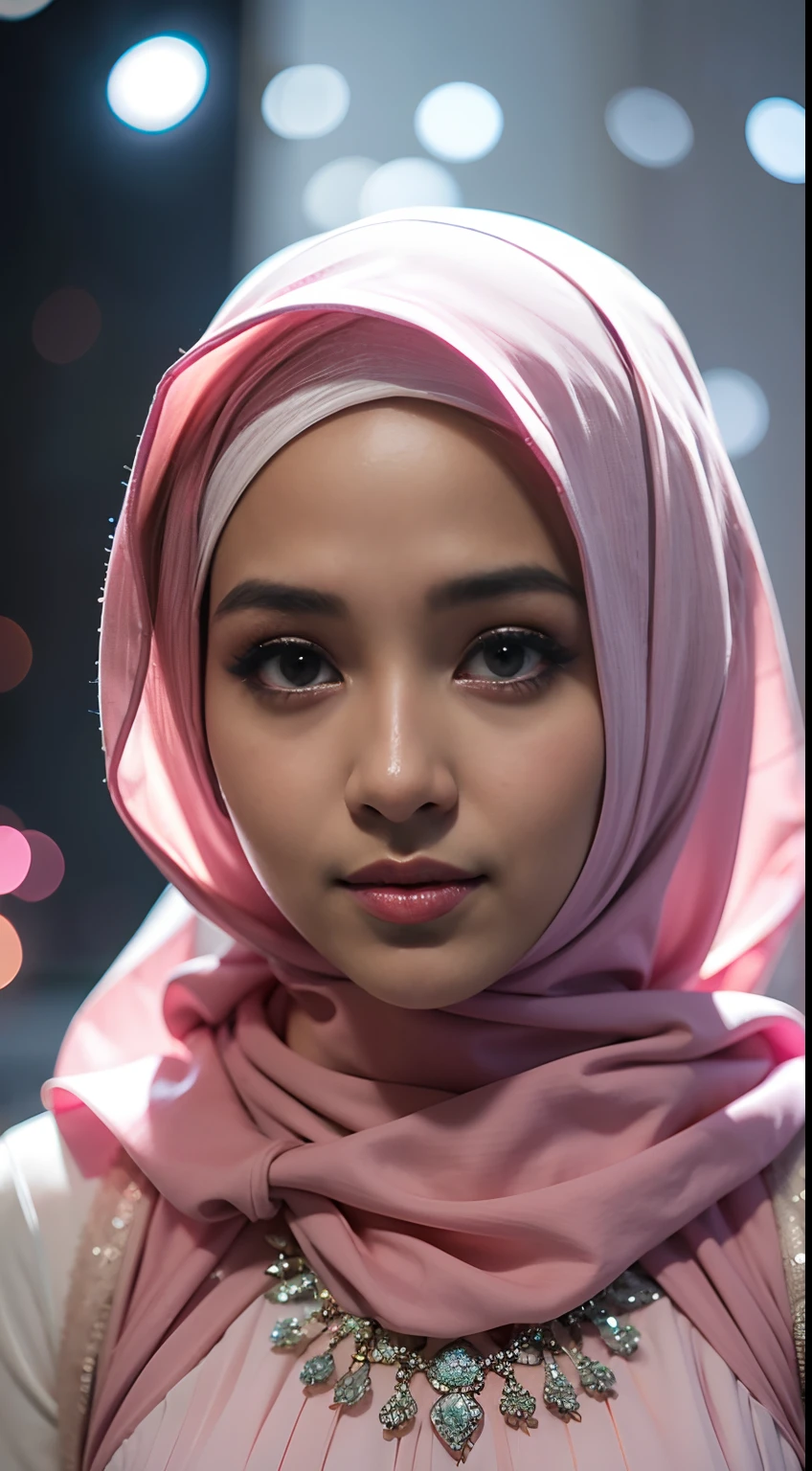 1 malaiisches Mädchen, moderner schlichter Hijab, schüchtern, mittleres Porträt, wässrige Augen, rosa leuchtende Partikel, ein Brautkleid tragen, das die gesamte Brust bedeckt, Große Brüste, rosa Licht Bokeh Hintergrund, wohl proportionierter Körper,