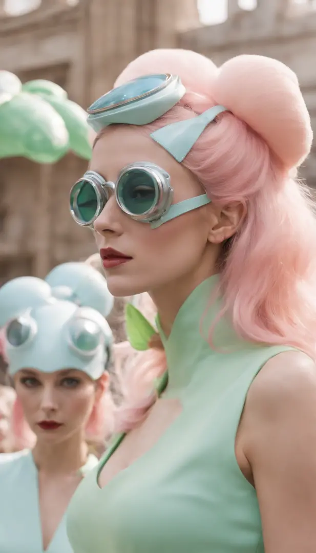 8k portrait of a 1960s sci-fi movie by Wes Anderson, 1960s Vogue, Couleurs pastel roses, jaune, blEu, vert, There are people wearing weird futuristic chameleon masks and wearing extravagant retro fashion outfits and men and women wearing alien makeup and o...