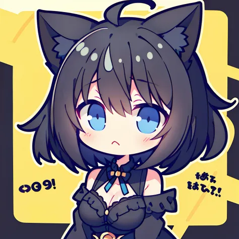 girl with、Chibi、((Best Quality, high_resolution, Distinct_image)),(Black hair), (Black cat ears), (Ahoge), (absurdly short hair), (Wavy Hair), (Blue eyes),frown.From the face.a very cute、mideum breasts、