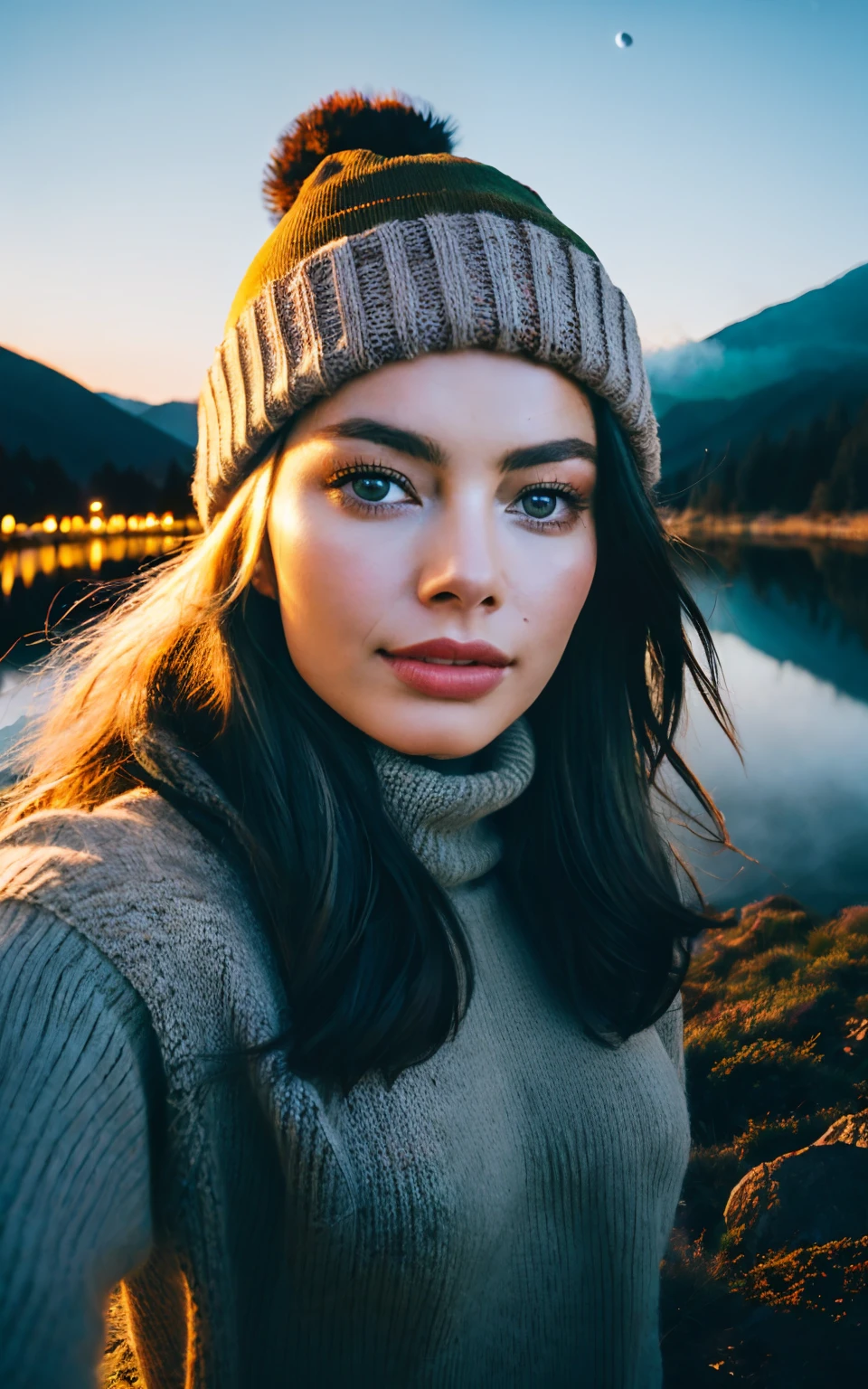 Margot Robbie, photorealistic, best quality, hyper detailed, beautiful woman, selfie photo, upper body, solo, wearing pullover, outdoors, (night), mountains, real life nature, stars, moon, (cheerful, happy), sleeping bag, gloves, sweater, beanie, flashlight, forest, rocks, river, wood, smoke, fog, clear sky, analog style, looking at viewer, skin texture, film grain, close up, ultra high res, best shadow, RAW, instagram LUT