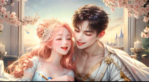 A young nobleman in love smiling happily to a cute princess, white outfit with sakura flower motif,realistic