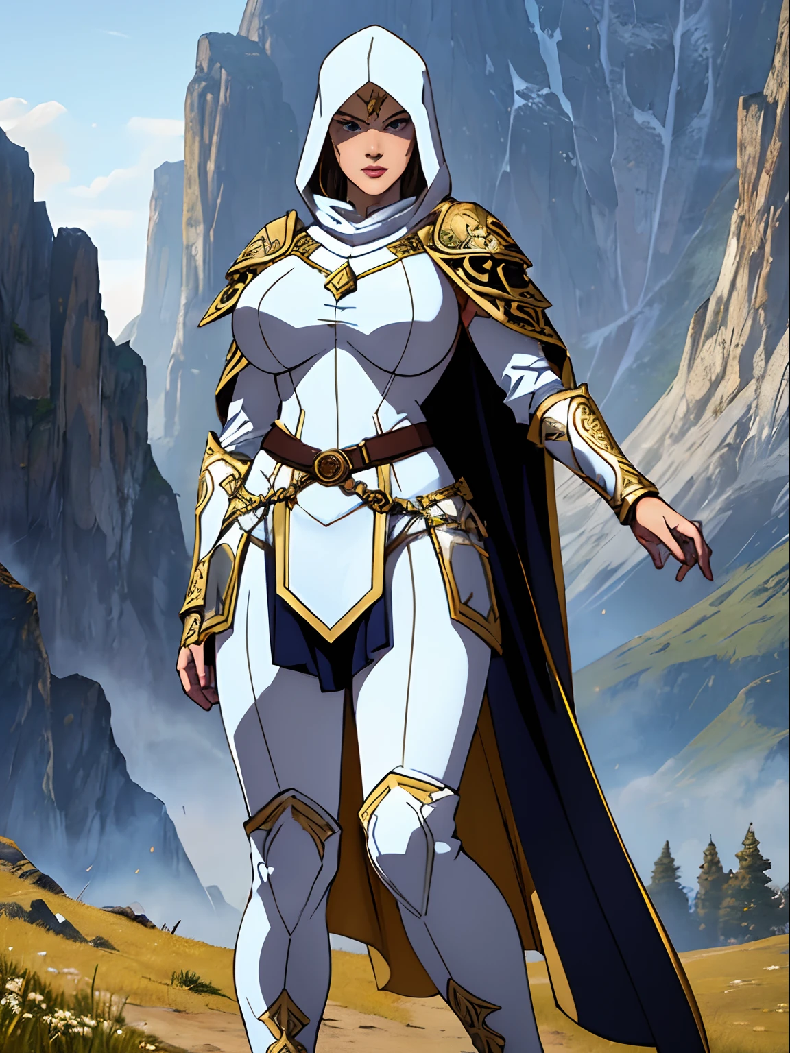 (masterpiece, top quality, best quality, official art, beautiful and aesthetic:1.2), (1girl:1.3), light freckles, fair skin, extremely detailed, portrait, looking at viewer, solo, (full body:0.6), detailed background, close up, (warm grasslands theme:1.1), holy paladin knight, charlatan, smirk, mysterious, swaying in mountains, modest attire, ((((ornate white and gold armor)))), cowl, nun hood, wimple, boob armor, cowl, robe, chain mail, chainmail, leggings, chainmail leggings, chain mail leggings, breastplate, tabard, gorget, hood, pauldrons, greaves, armored, long boots, longsword, shield, cape, cloak, pearlescent metal, white fabric, pale leather, ((((gigantic breasts)))), slim waist, slim hips, long legs, medieval (mountain exterior:1.1) background, dark mysterious lighting, shadows, magical atmosphere, dutch angle,