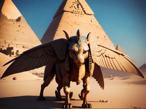 Winged sphinx Egypt, Realistic 4K pyramid, full entire body,Super Detailed, Vray Display, Unrealistic engine, Midjourney Art Style.
